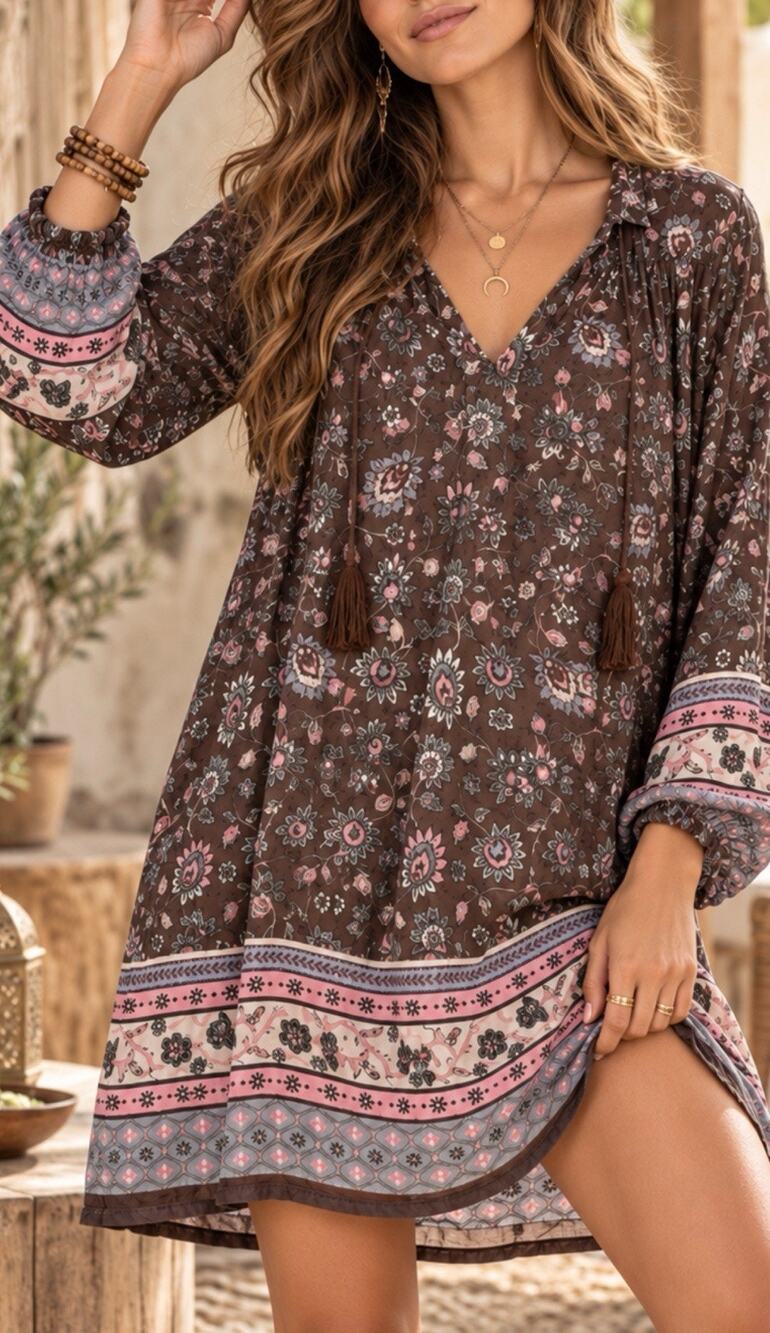 Natural Life Floral Tassel 3/4 Sleeve Boho Shift Dress Sz S Ruffle Boho Fall Top